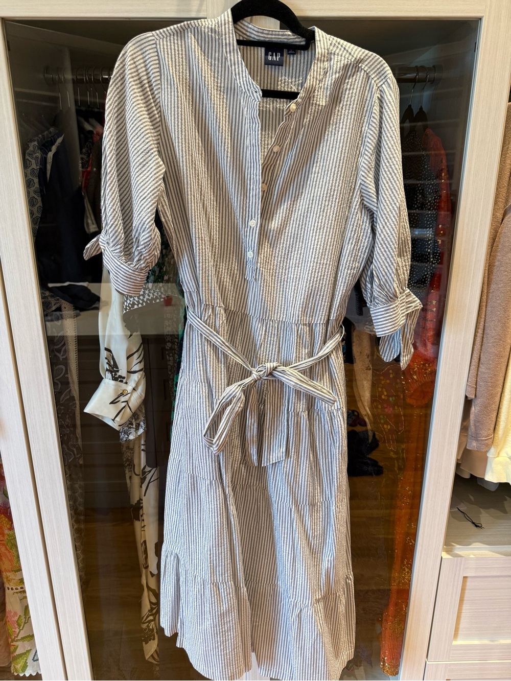 GAP Blue and White Striped Midi Shirt Dress with Tie Waist